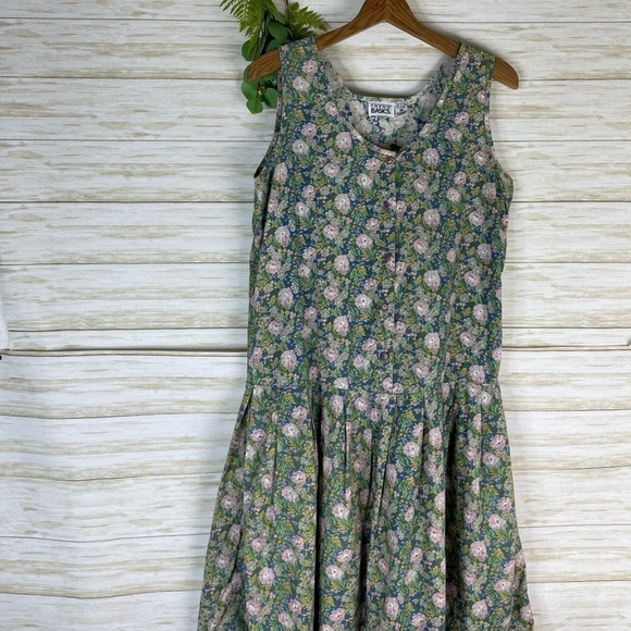 Vintage Blue Cotton Wild Rose Primt Button Fromt Midi Dress - Picture 3 of 6